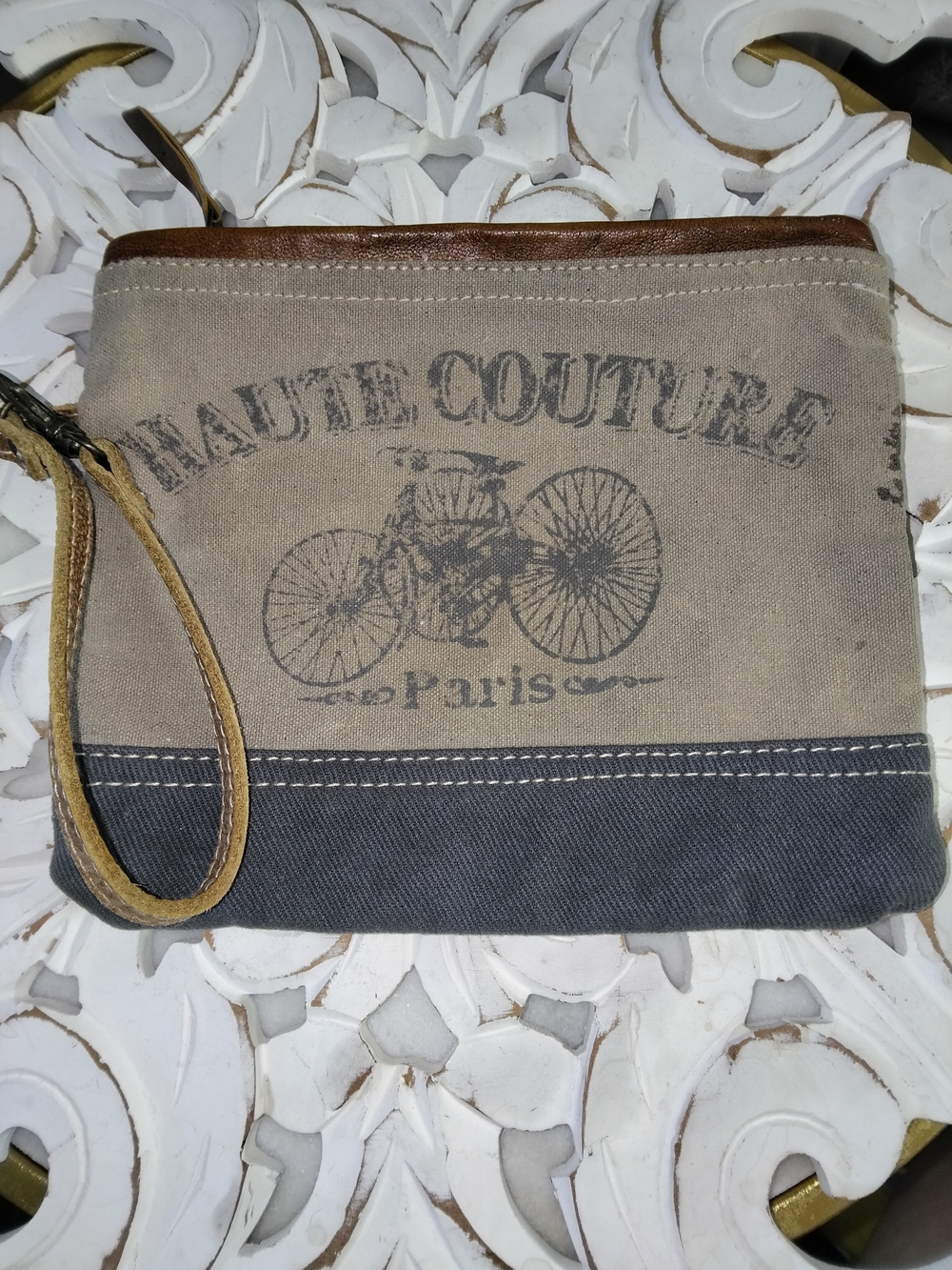 Myra Bag Beige and Gray Canvas Toiletry Wrist Pouch with Leather Trim